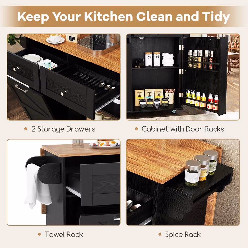 Costway Rolling Kitchen Island with Drop Leaf and 2 Drawers in Black – 7