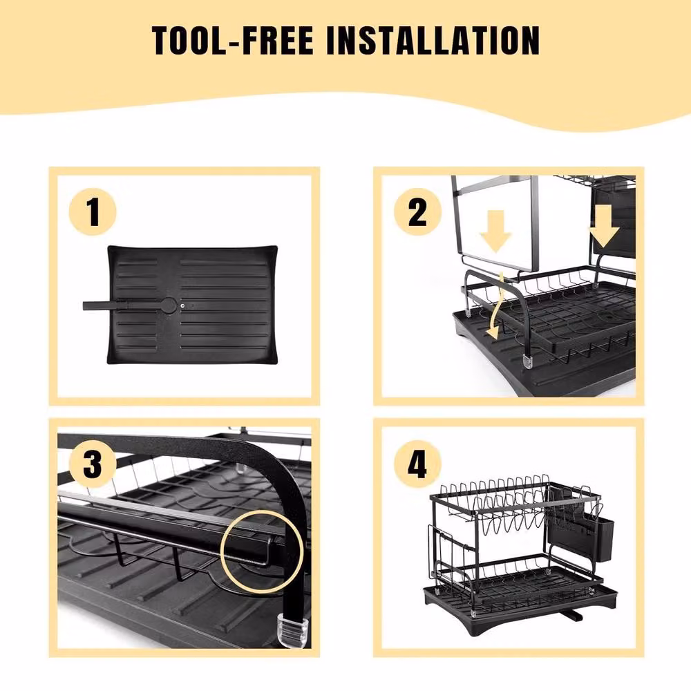 Havendro 2 Tier Kitchen Sink Dish Drying Rack with Drip Tray, Black – 5