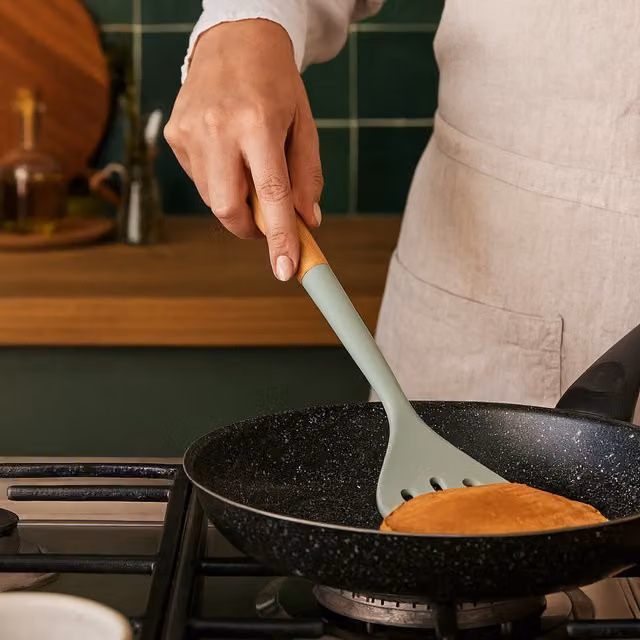 Nova Non-Scratch Silicone Slotted Turner with Wood Handle in Sage Green