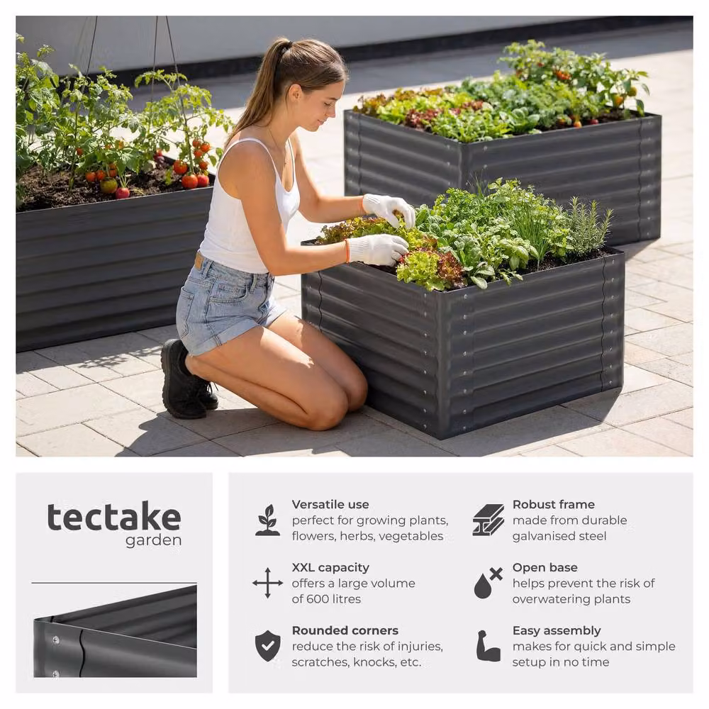 tectake Blomma Raised Garden Bed in Galvanised Steel, Dark Grey, W/D/H: 100 x 100 x 62 cm – 2