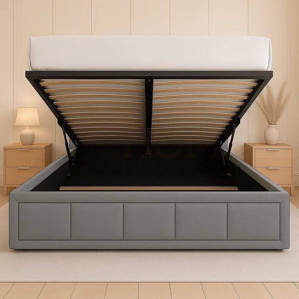 HD Designs Vanita Upholstered Ottoman Storage Bed Frame in Light Grey Linen Fabric, Size: 180 x 200 cm – 2