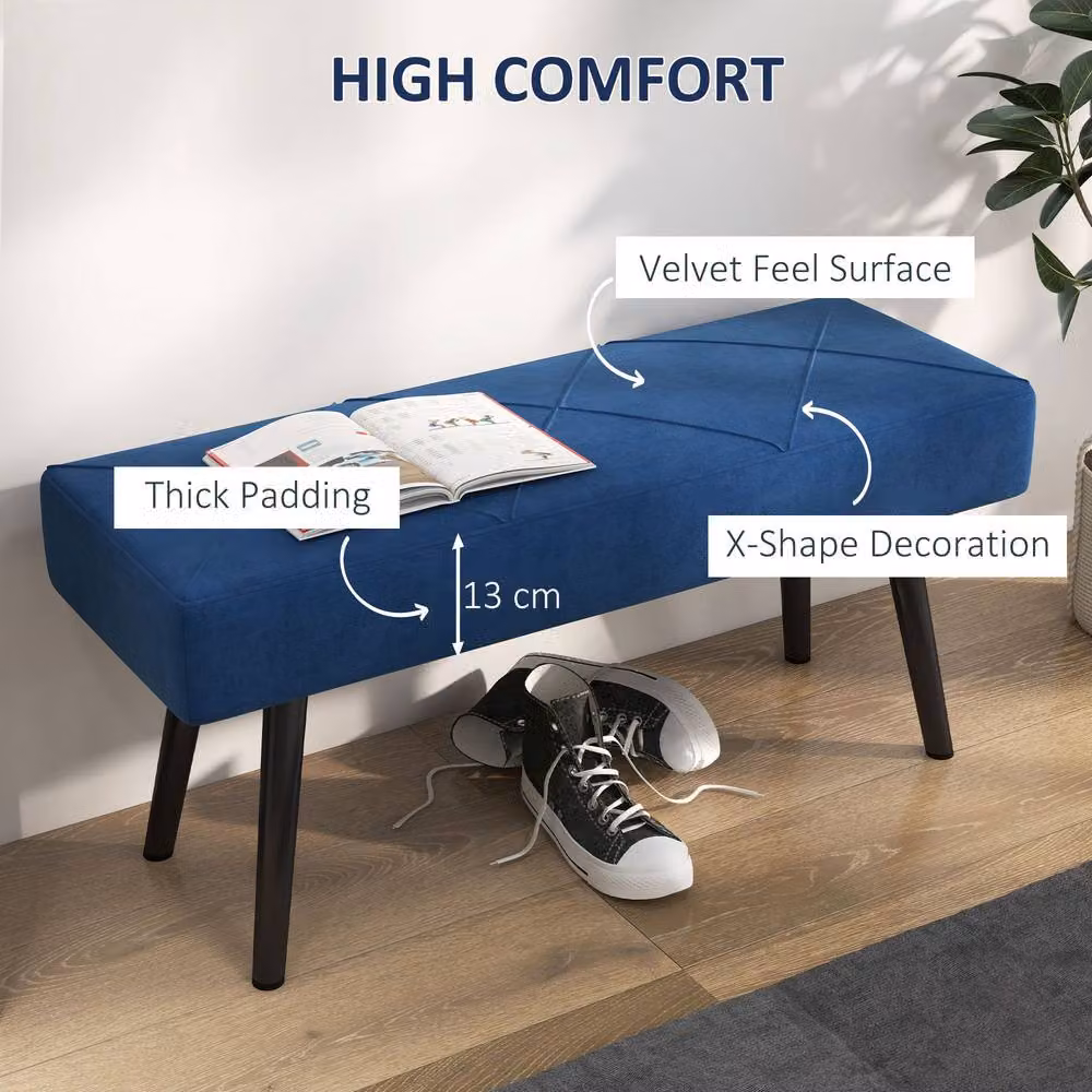 STILVORA Blue Velvet Upholstered Bench with Metal Legs – 5