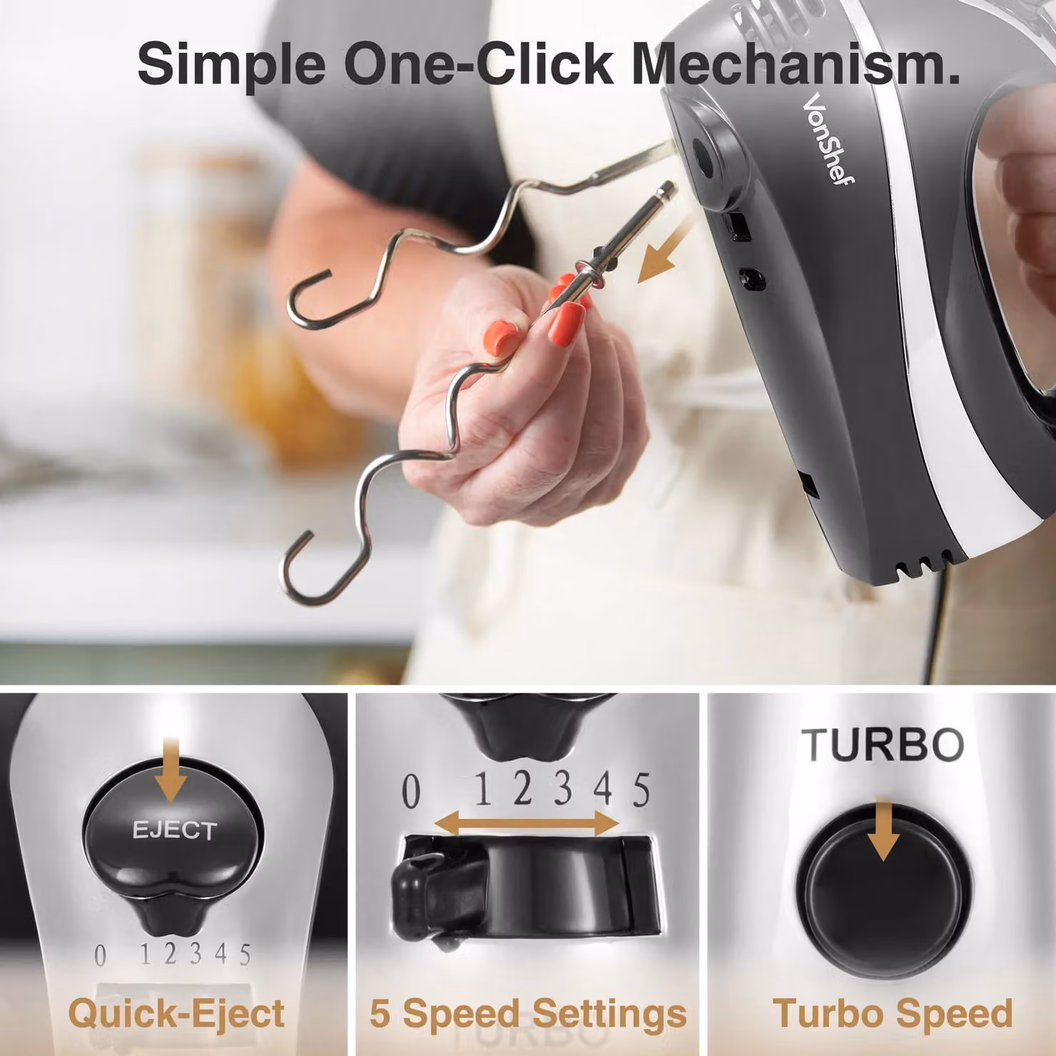 VonShef 300W 5 Speed Electric Hand Mixer in Black and Silver with Stainless Steel Beaters, Dough Hooks and Balloon Whisk – 4