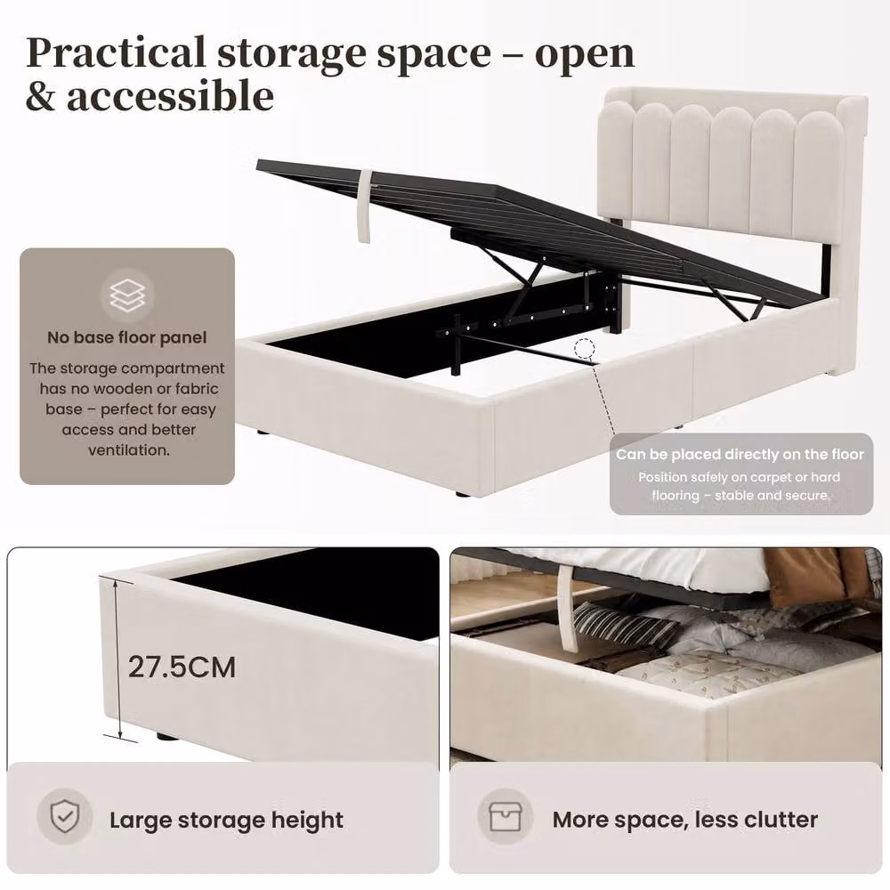 BTM Single Velvet Ottoman Bed in Beige with Integrated Reading Light and USB Charging Port, W/D/H: 90 x 190 cm – 5