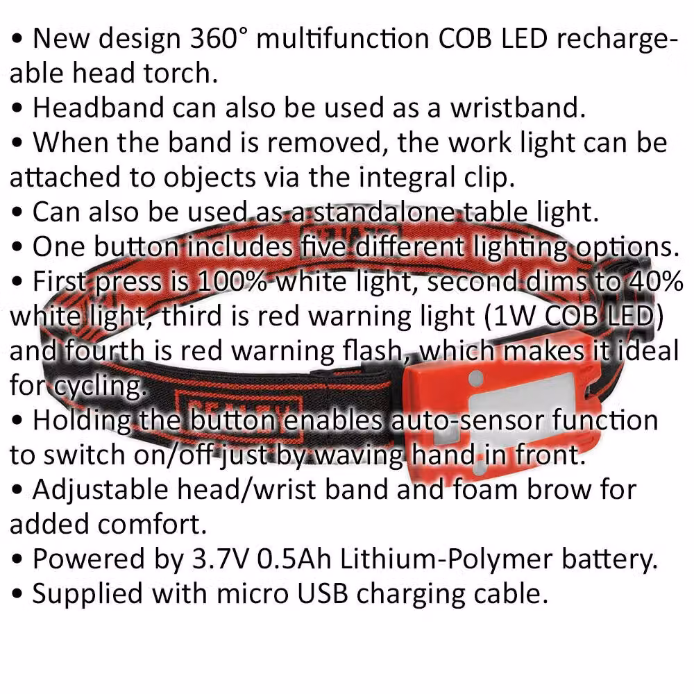 Loops Red Rechargeable LED Head Torch with Adjustable Band and Motion Sensor – 2