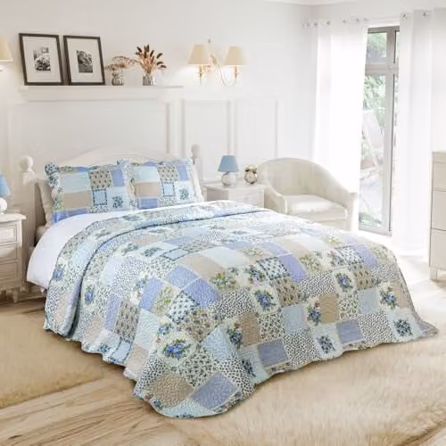 Emma Barclay Cotswold Quilted Patchwork Bedspread Set in Blue, Double – 1