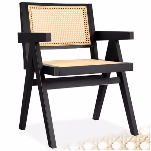 tectake Mid-Century Modern Dining Chair with Solid Wood Frame and Viennese Wickerwork in Black – 1