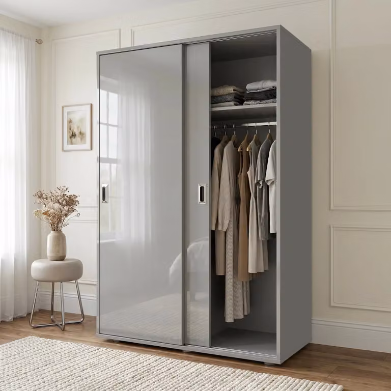 Torvek 2 Door Sliding Wardrobe with Internal Shelves and Hanging Rod, Grey Glossy, H 183 x W 120 x D 58 cm