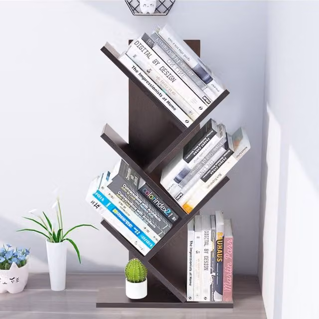 Livingandhome 5-Tier Standing Tree Bookshelf in Black Walnut and Brown