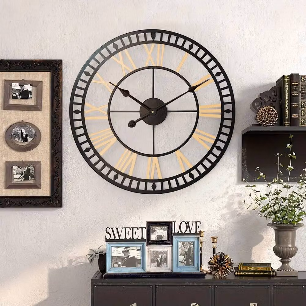 SPETLEK Round Analog Wall Clock in Black and Gold Metal, Diameter: 80 cm – 3