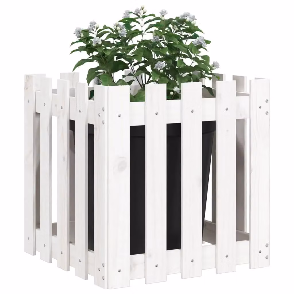Berkfield Home Garden Planter in White with Fence Design, Solid Wood and Plastic, W/D/H: 50 x 50 x 50 cm – 2
