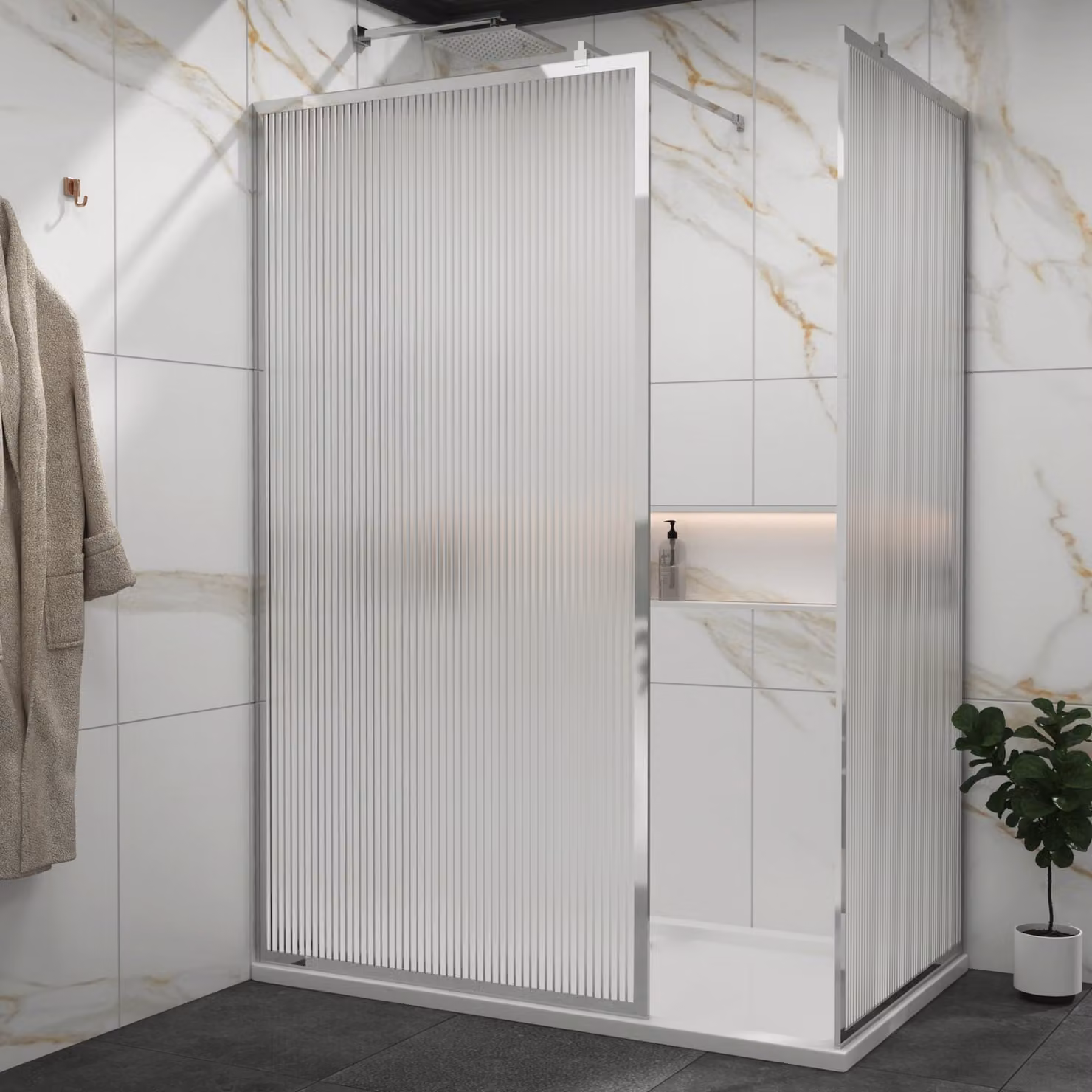 Royal Bathrooms Luxor Walk In Fluted Shower Enclosure with Tray and Chrome Frame, W/D: 120 x 76 cm, 8mm Easy Clean Glass