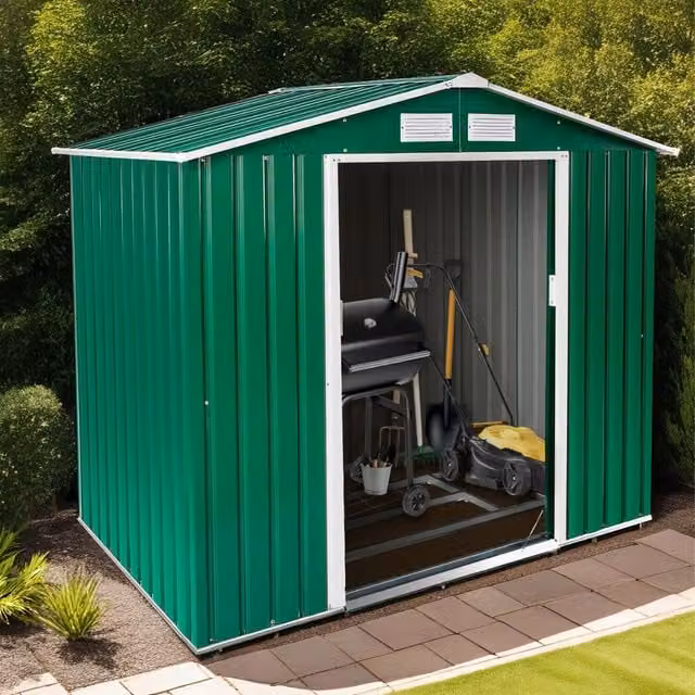 tectake Freestanding Metal Garden Shed with Gable Roof and Sliding Doors in Green and White