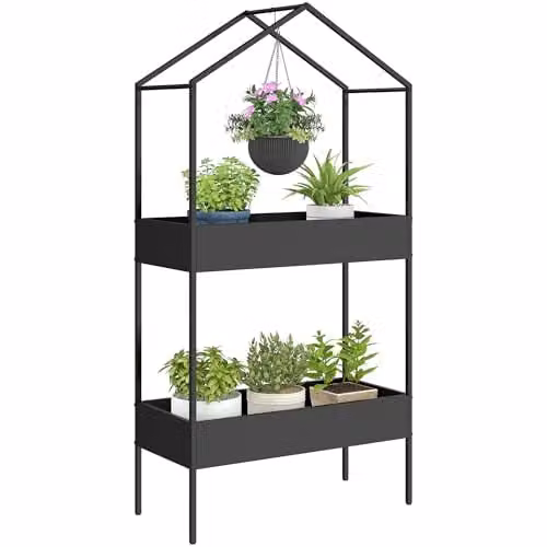 Outsunny 2 Tier Metal Plant Stand with Hook, Black, W/D/H: 70 x 35 x 150 cm – 1