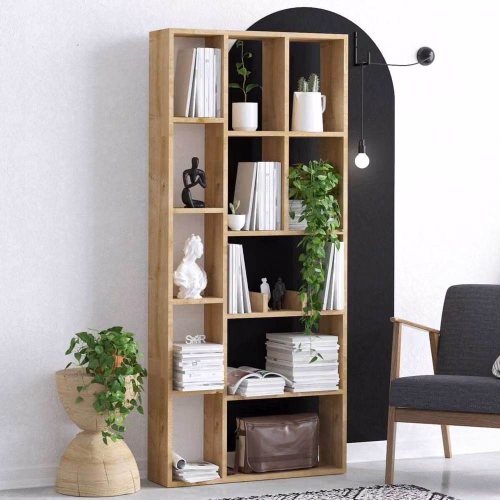 CALICOSY Demios 12-Niche Bookcase in Natural Wood Finish, H 170 x W 75 x D 18 cm – 2