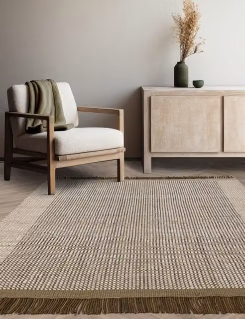 Asiatic Avalon Woven Wool Rectangular Rug in Green and Beige with Fringes