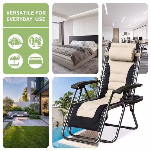 MCC Direct Set of 2 Zero Gravity Reclining Sun Lounger Chairs in Black and Beige – 7