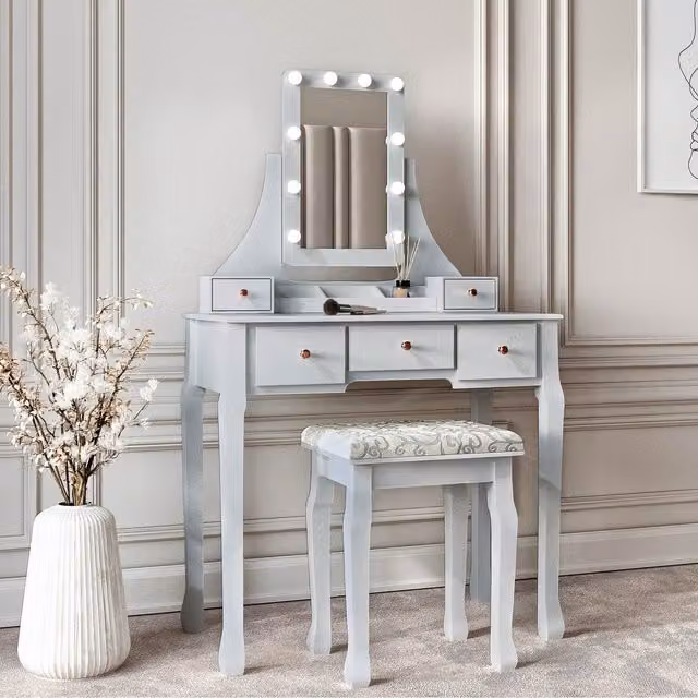 CARME Arianna Deluxe Dressing Table with Hollywood LED Mirror in Grey