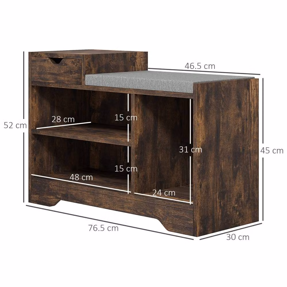Wyld Haus Nata Rustic Brown Shoe Bench with Grey Cushioned Seat and Multi Compartments W/D/H: 76.5 x 30 x 52 cm – 3