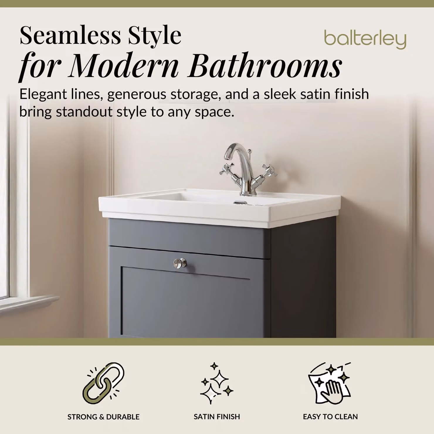 Balterley Wall Hung 1-Drawer Bathroom Vanity Unit and Fireclay Basin, Grey, W: 60 cm – 2