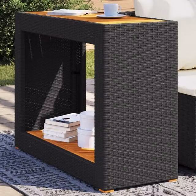 Berkfield Home Modern Garden Side Table with Black Poly Rattan and Acacia Wood Top, W/D/H: 100 x 40 x 75 cm