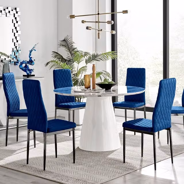 Furniturebox Palma Marble Effect Round Dining Table and 6 Navy Velvet Milan Chairs