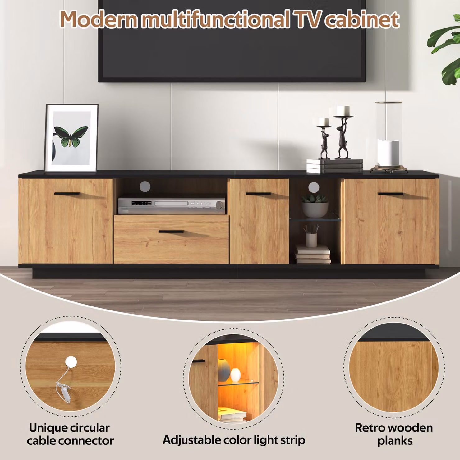 Aosom UK Modern TV Cabinet with 3 Doors, Drawer and 2 Open Glass Compartments in Black and Wood, W/D/H: 180 x 37 x 45 cm – 5