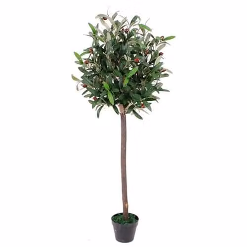 Leaf Design UK Artificial Mediterranean Olive Bay Style Topiary Tree in Green with Black Plastic Pot, Height: 120 cm