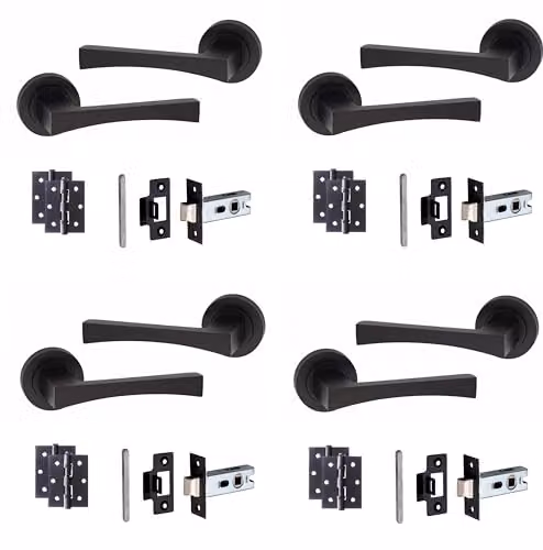 Golden Grace Wave Door Handles with Latch and Hinges, 4 Pairs, Matt Black Finish