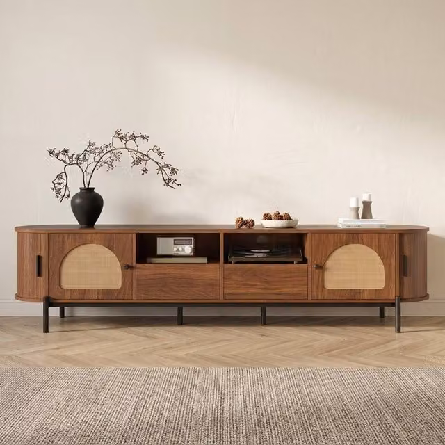 STILVORA Modern TV Cabinet with Rattan Sliding Doors and Drawers in Walnut Brown and Black, W: 200 cm, D: 40 cm, H: 50 cm – 1