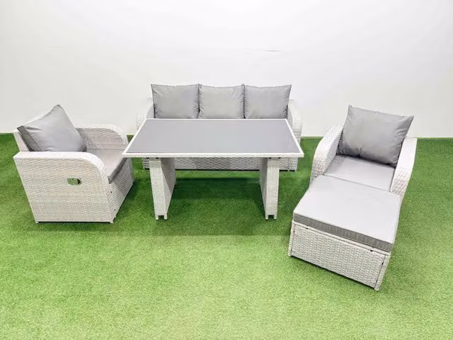 Fimous 6-Seater Outdoor Rattan Garden Furniture Dining Set with Large Stool in Light Grey