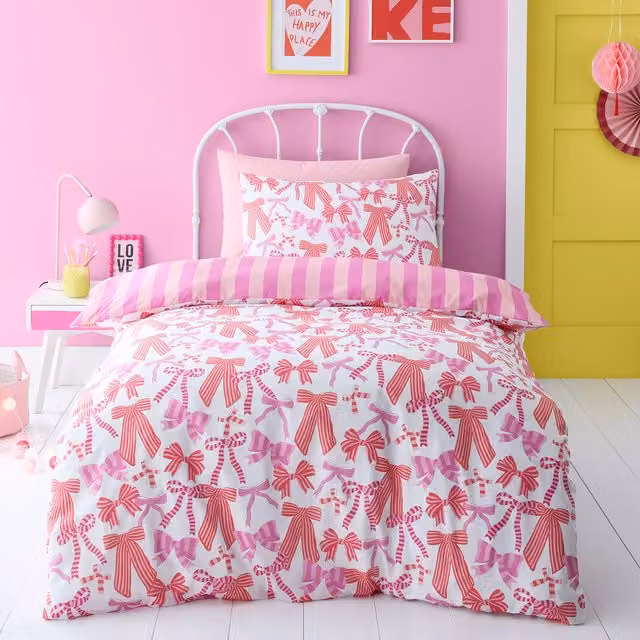 Bedlam Bow and Stripes Reversible Double Duvet Cover and Pillowcase Set, Pink and White, 200 x 200 cm