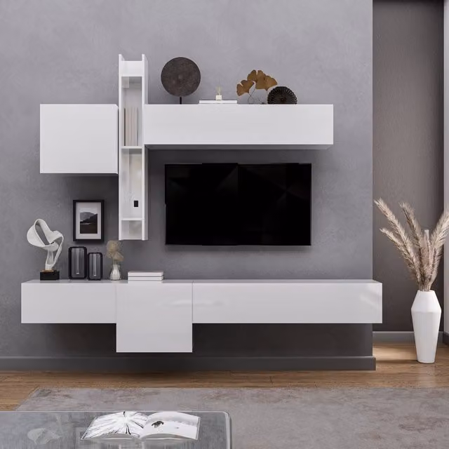 Decorotika Toledo Modern Wall Mounted Entertainment Center in High Gloss White