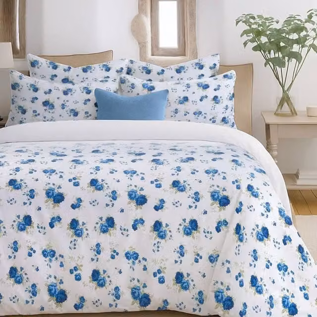 Florelle Florence Blue and White Floral Printed Quilted Microfibre Bedspread, Double