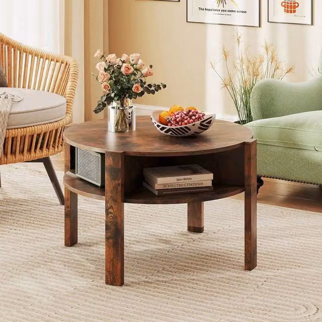 VOGREX Round Coffee Table in Brown with 4 Storage Shelves, W/D/H: 74 x 74 x 74 cm – 1