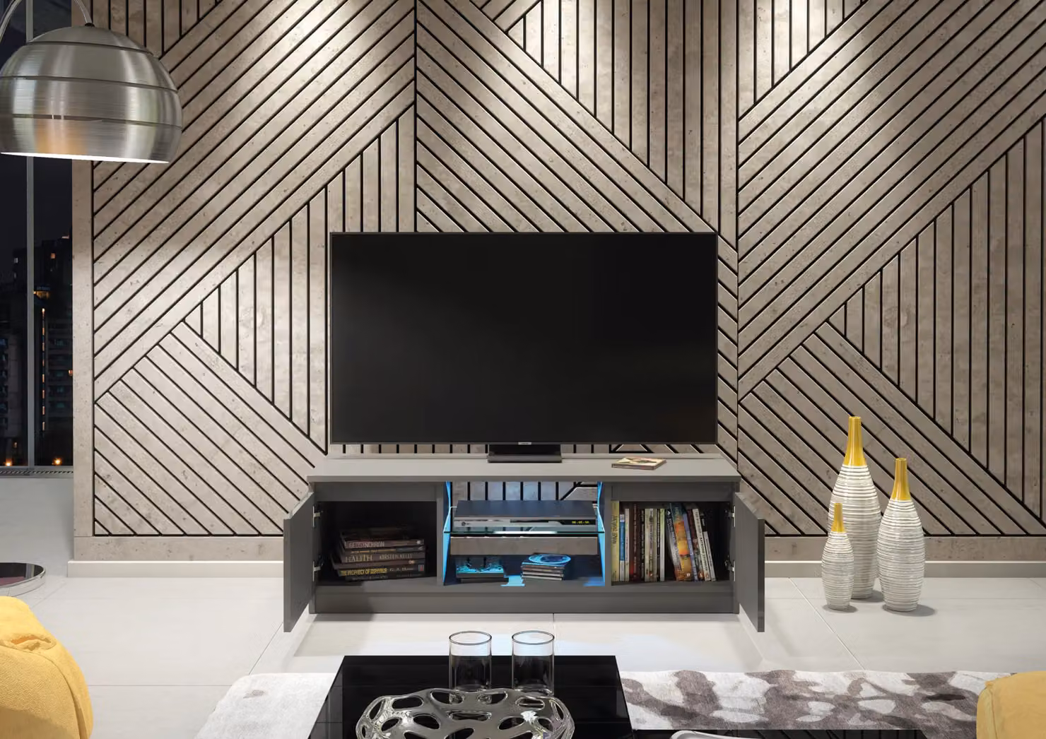 Mex Furniture LTD Modern Glossy TV Unit with LED Lighting in Dark Grey, W: 120 cm, D: 40 cm, H: 38 cm – 4