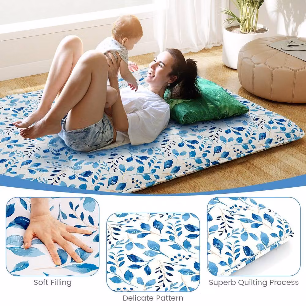 Costway Japanese Floor Mattress Roll Up Futon Tatami Mat with Washable Blue Cover, W: 120 cm, L: 200 cm – 3