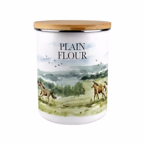 Purely Home Wild Horses Plain Flour Canister, 2.7 l, Green and White Enamel Airtight Storage Container