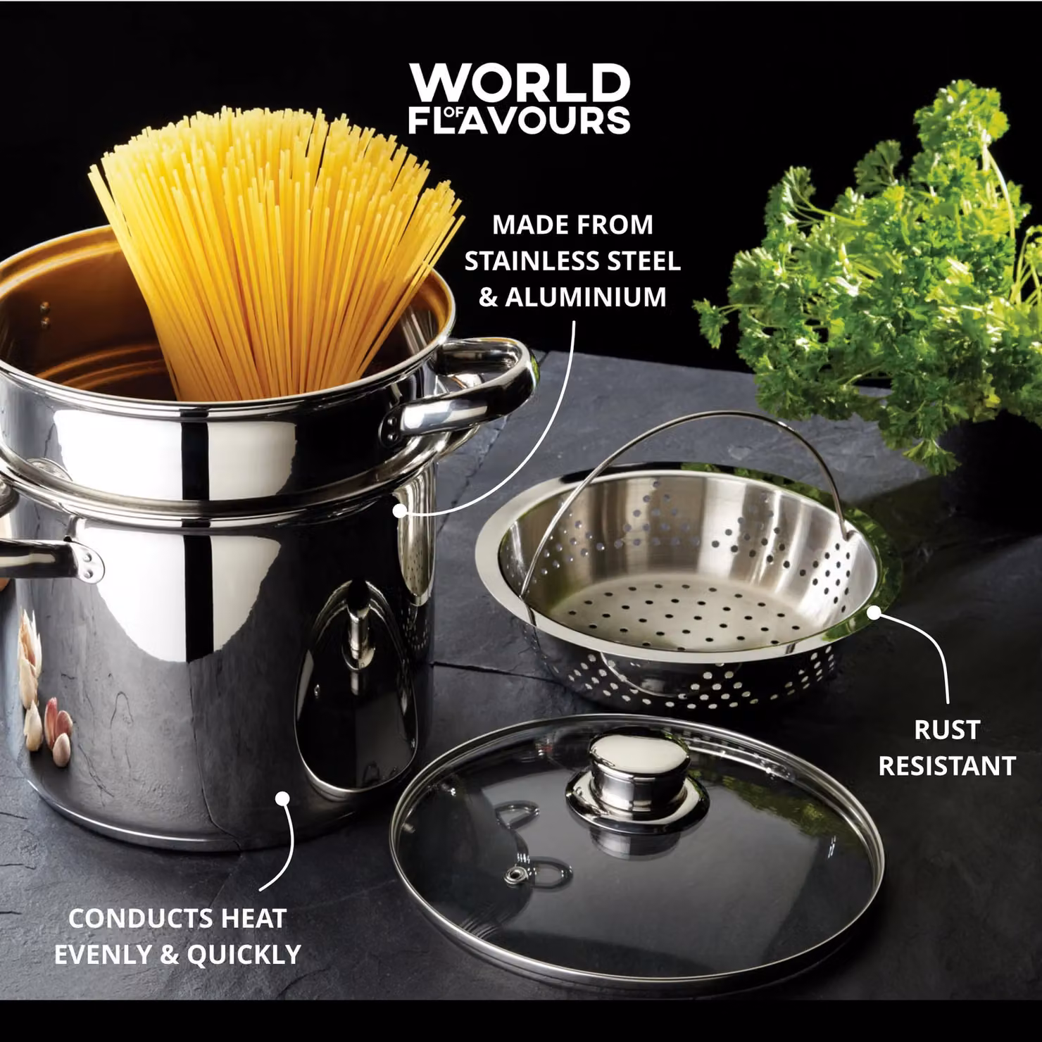 World of Flavours Italian Stainless Steel Pasta Pot with Steamer Insert in Silver – 10