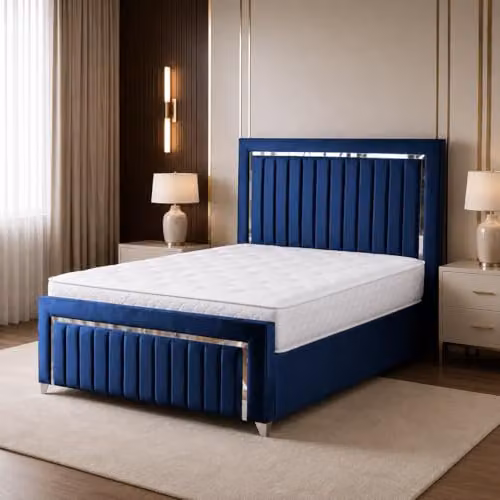 Living Comfort Bedz Zurich Plush Velvet Super King Bed in Blue with Silver Trim and Vertical Lined Headboard and Footboard, W/D/H: 200 x 190 x 122 cm – 1