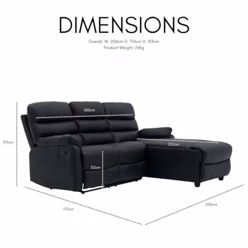 Home Detail Carter 3 Seater L-Shape Sofa with Right-Facing Chaise and Manual Recliner, Black Faux Leather, W/D/H: 206 x 103 x 170 cm – 2
