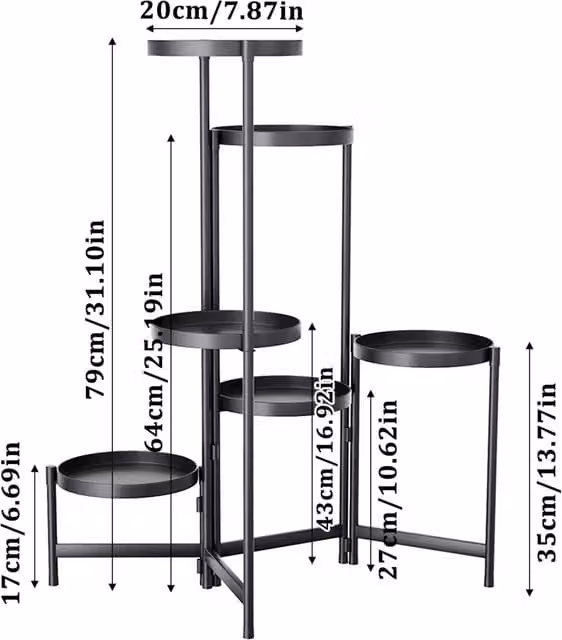 Livingandhome Modern 6-Tier Foldable Metal Plant Stand in Matt Black, H 79 cm x W 20 cm