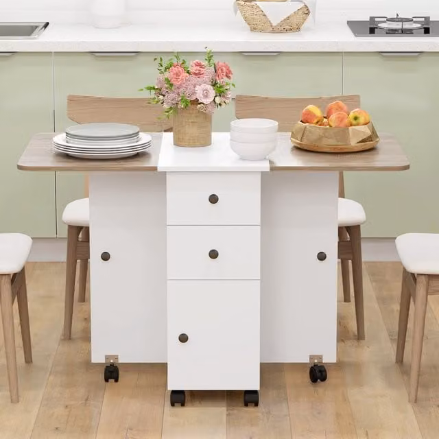HOMCOM Modern Oak and White Folding Dining Table with Drop Leaf, Drawers, Open Shelves and Castors