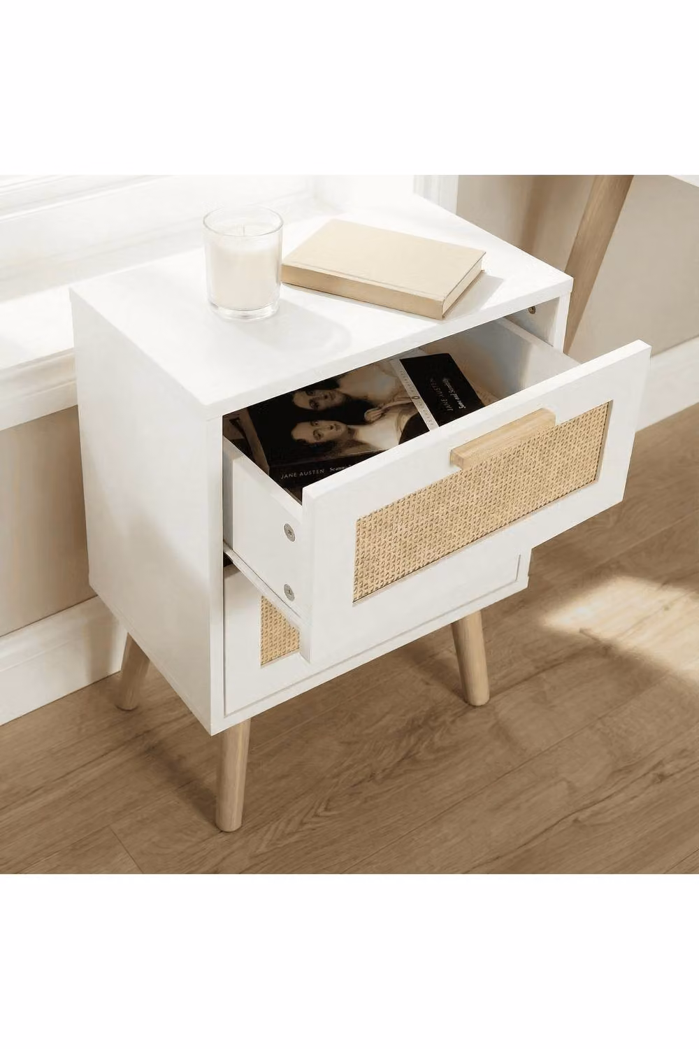 Home Source 2 Drawer Bedside Table with Rattan Fronts in White, W: 40 cm, D: 30 cm, H: 55 cm – 2