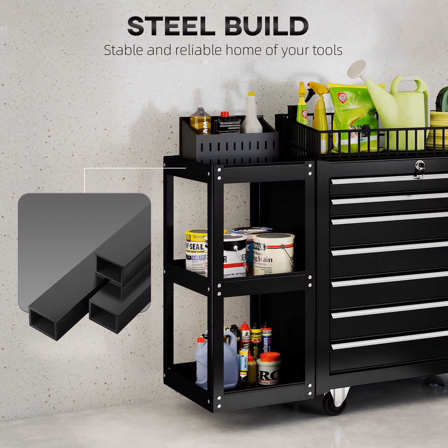 HOMCOM Lockable Steel 7-Drawer Tool Chest on Wheels, Black, W: 75 cm, D: 45 cm, H: 96 cm – 6