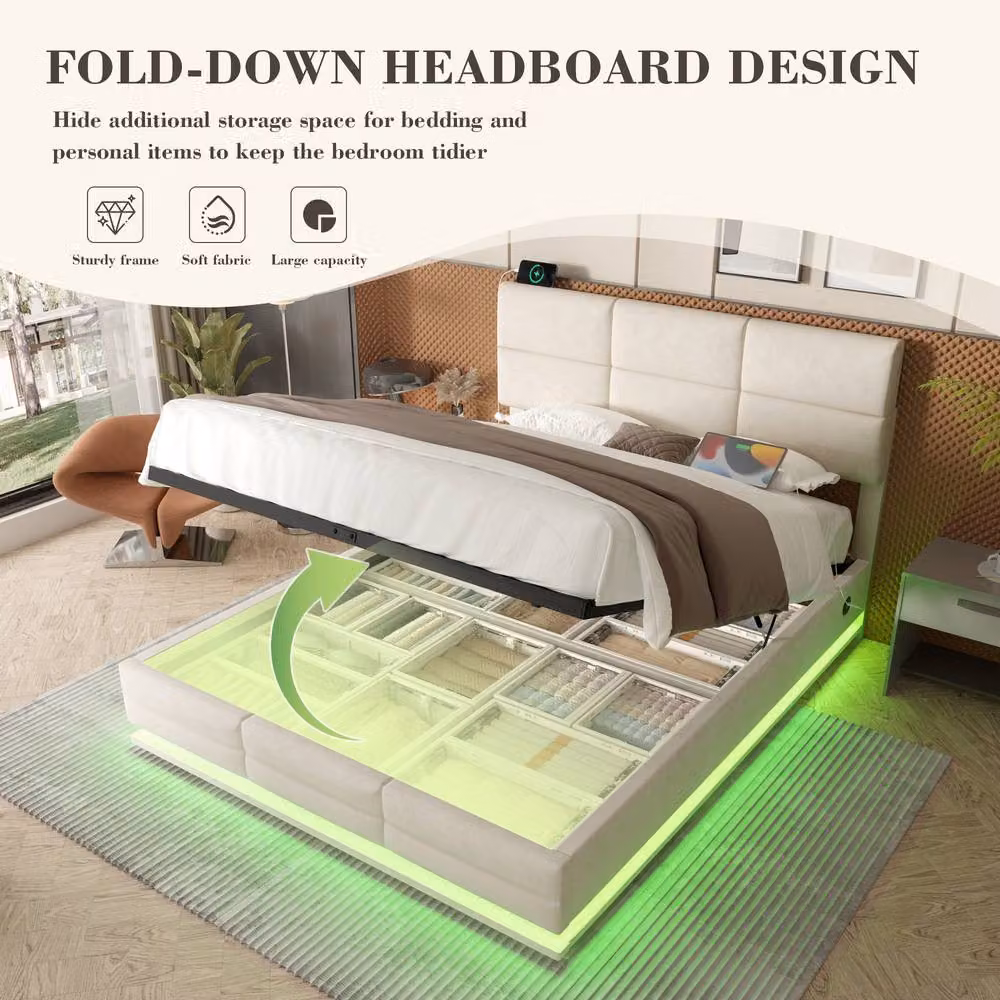 Direct Wicker Grey Velvet Upholstered Double Bed with LED Lighting, USB Charging Port and Lift Up Base, W/D/H: 140 x 200 x 151 cm – 4