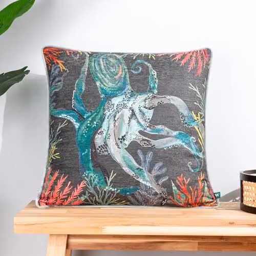Wylder Tropics Abyss Octopus Chenille Decorative Cushion in Blue, Grey and Multicolour, W/D/H: 43 x 43 x 43 cm – 5