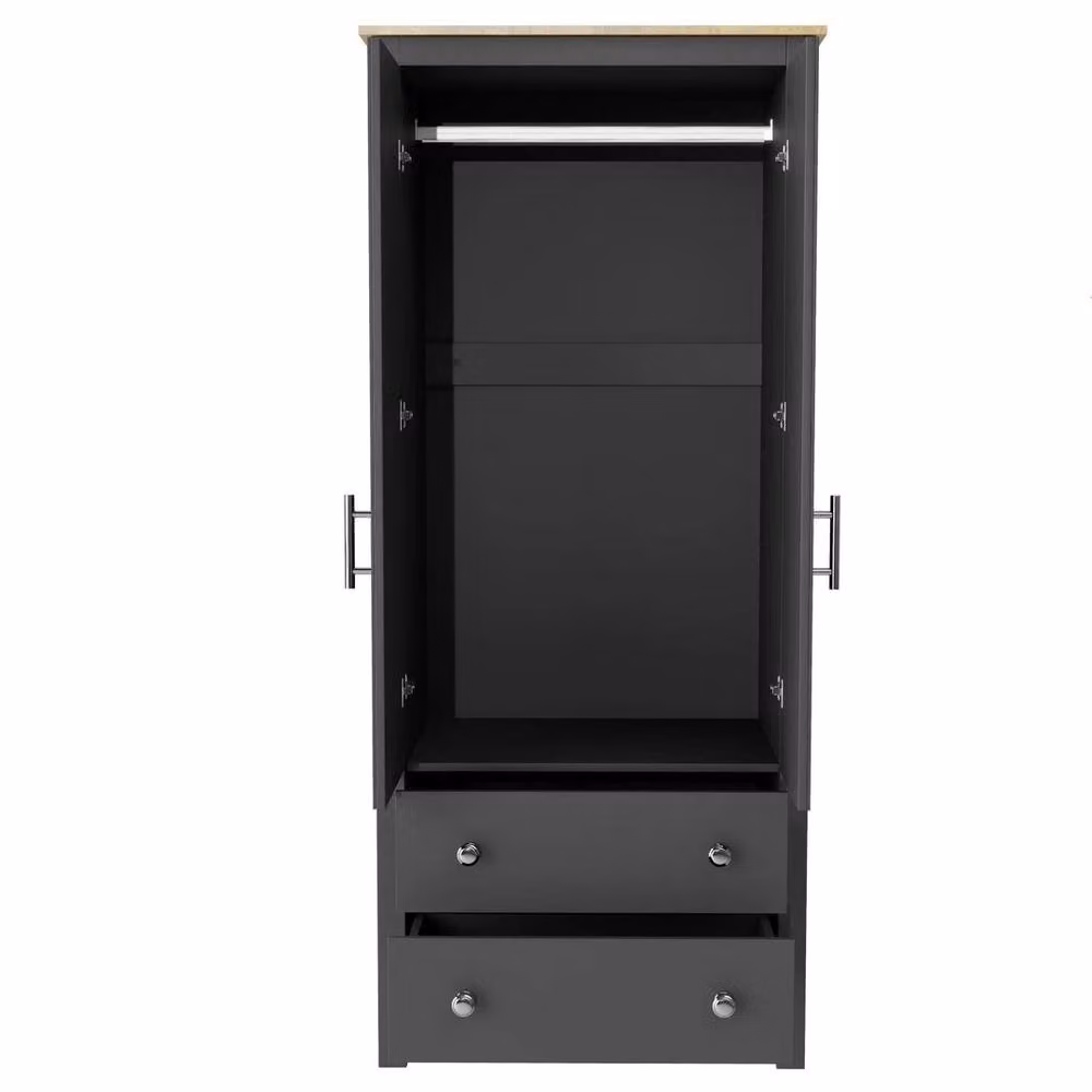 FLAVORA Grey 2 Door Wardrobe with Oak Top, Drawers and Hanging Rail, W/D/H: 100 x 100 x 100 cm – 2