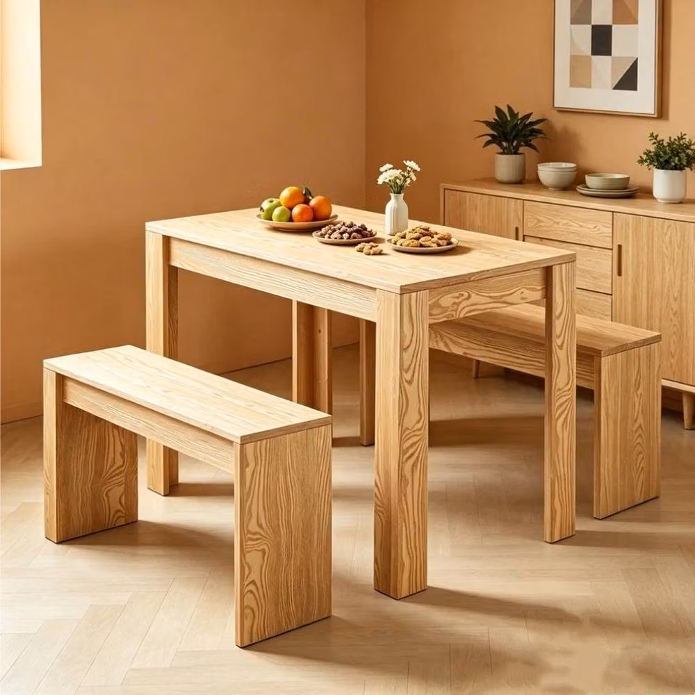 FORGEVIO Scandinavian Wooden Dining Table and 2 Bench Set in Sand – 1