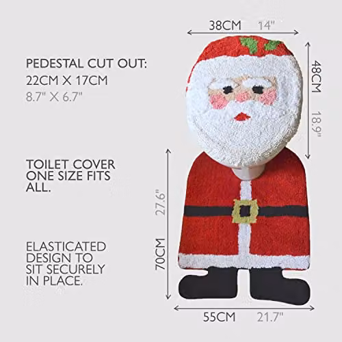 Allure Bath Fashions Santa Christmas Two Piece Toilet Seat Cover and Pedestal Mat Set in Red – 3